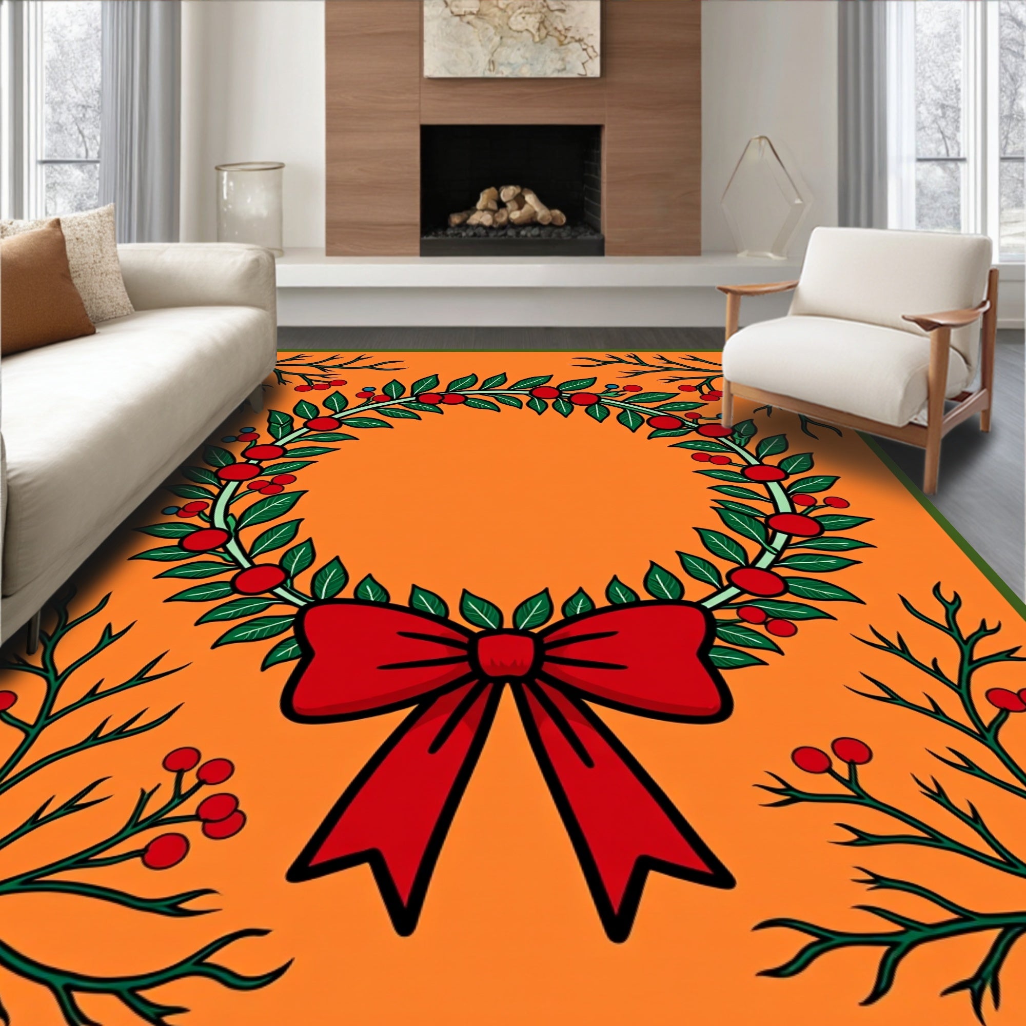 Festive Holiday Wreath Red Bow Rug