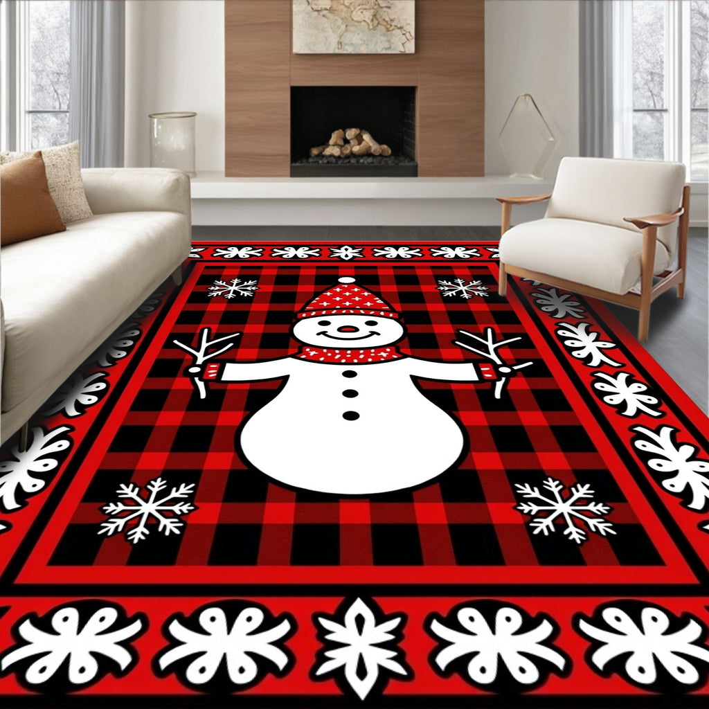 Red Black Buffalo Check Snowman Snowflakes Border Rug