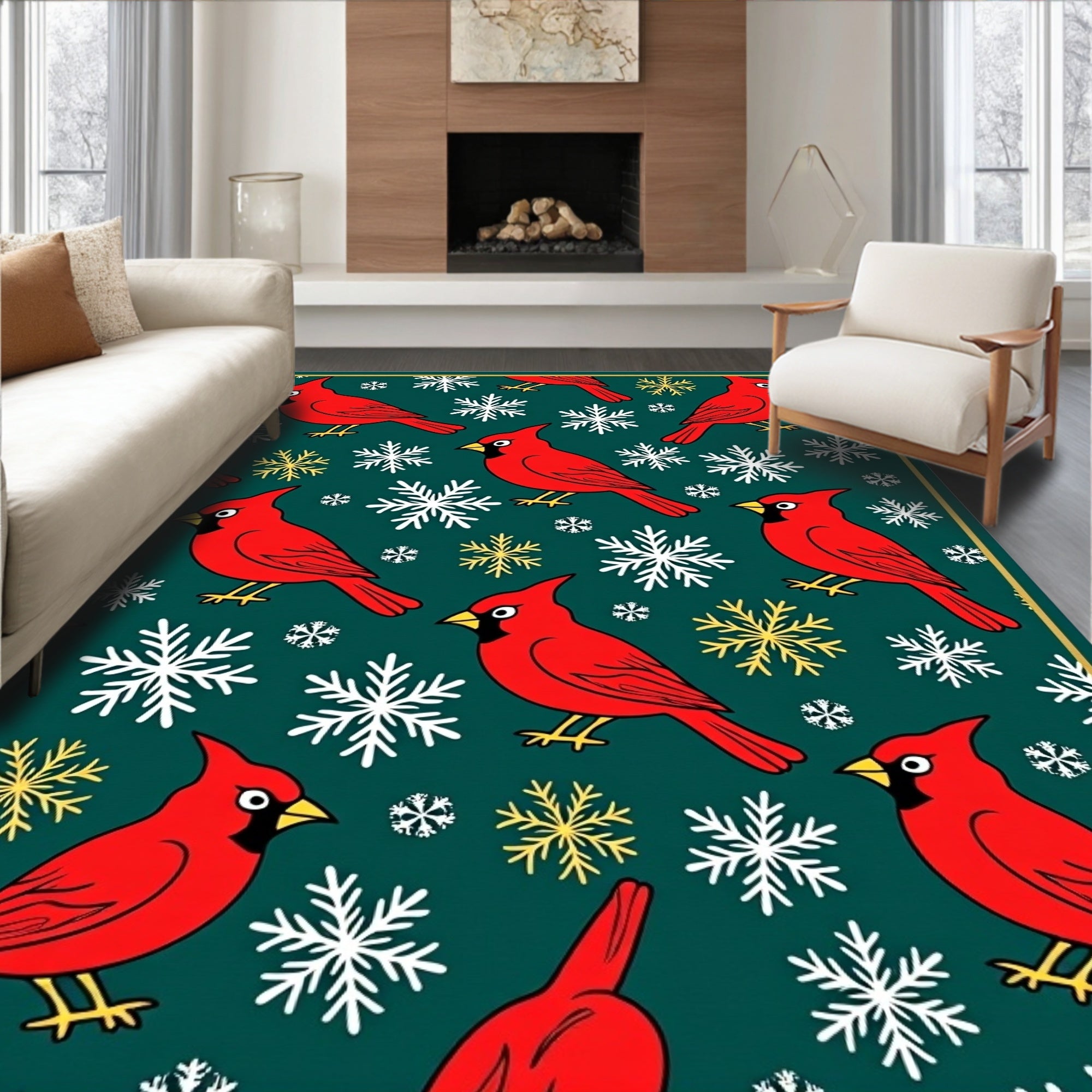 Red Cardinal Snowflakes Winter Wonderland Rug