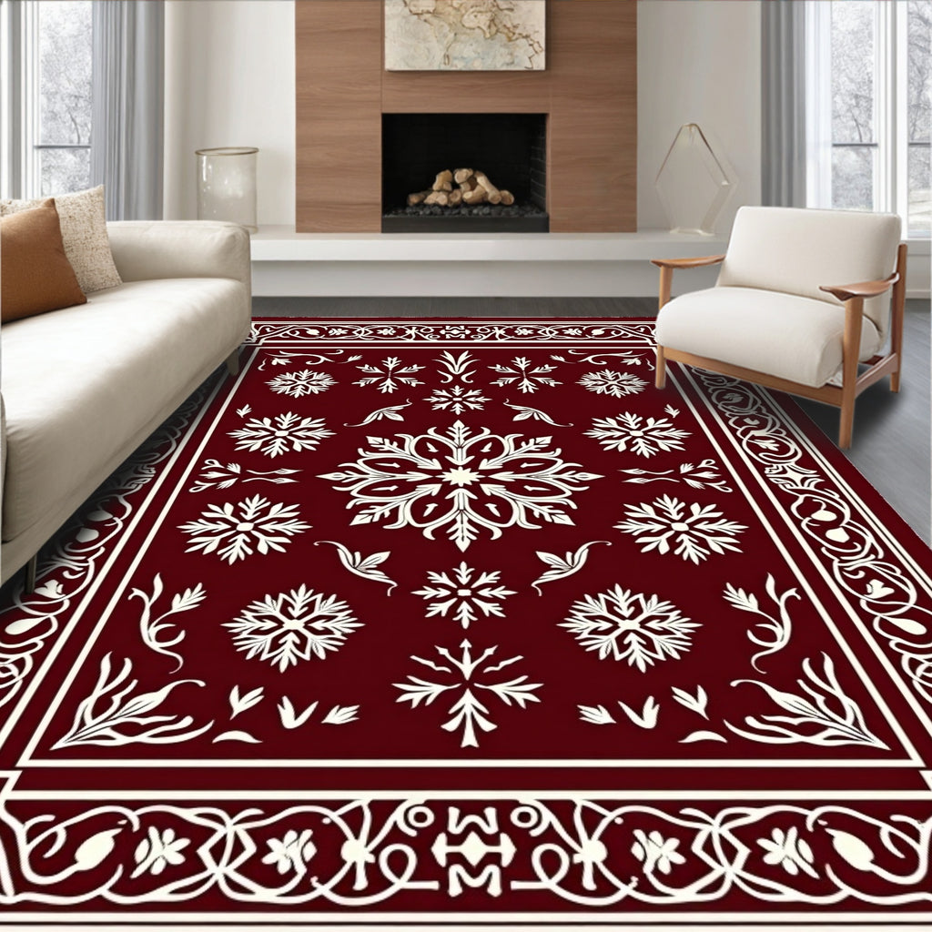 Rich Crimson Snowflake Border Tapestry Rug