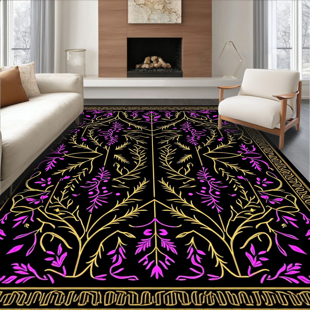 Ornate Gold Magenta Foliage Border Rug