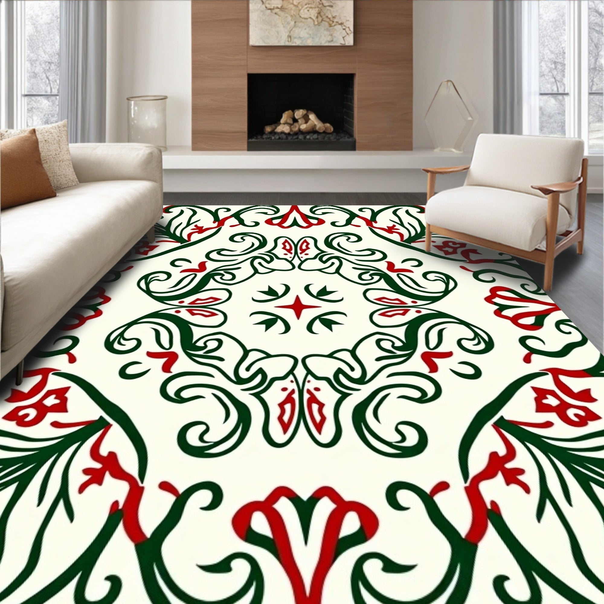 Crimson Green Curved Floral Medallion Rug