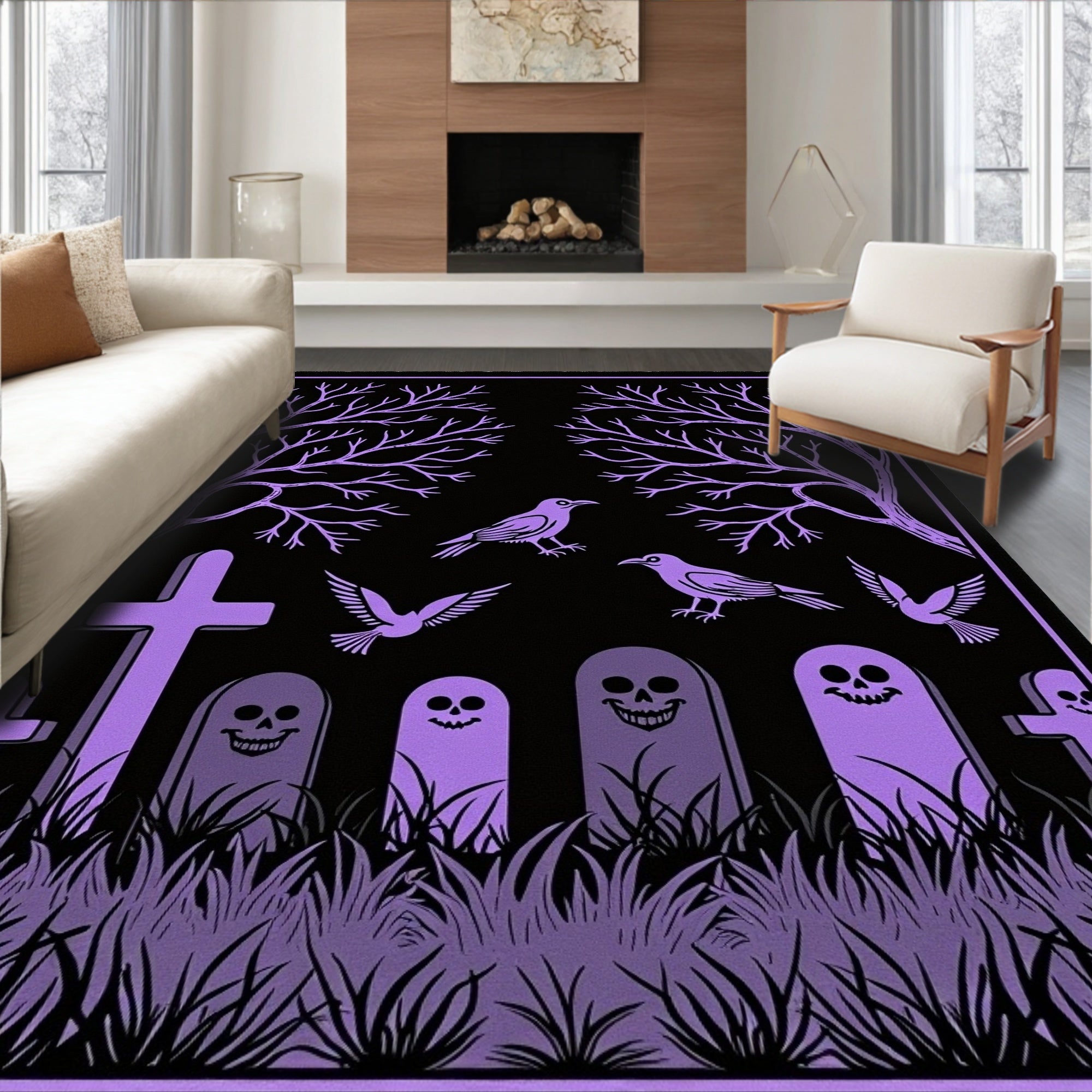Creepy Purple Graveyard Bird Scene Rug