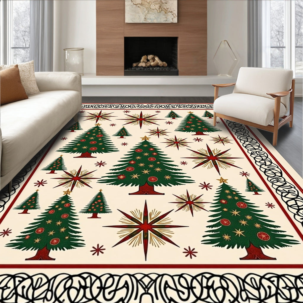 Festive Green Trees Red Starburst Border Rug