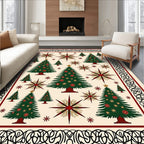 Festive Green Trees Red Starburst Border Rug