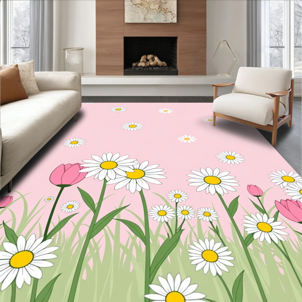 Pink Daisy and Tulip Meadow Garden Rug