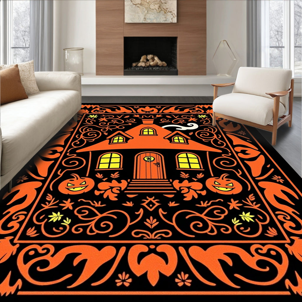Spooky Orange Haunted House Garden Art Rug