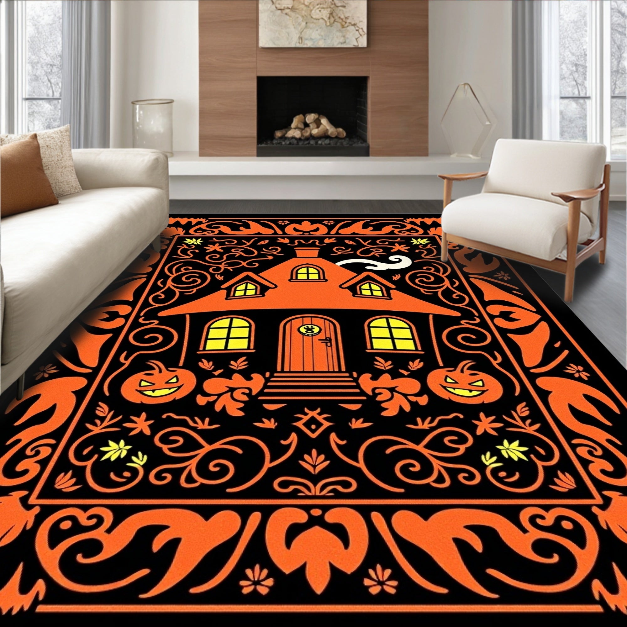 Spooky Orange Haunted House Garden Art Rug