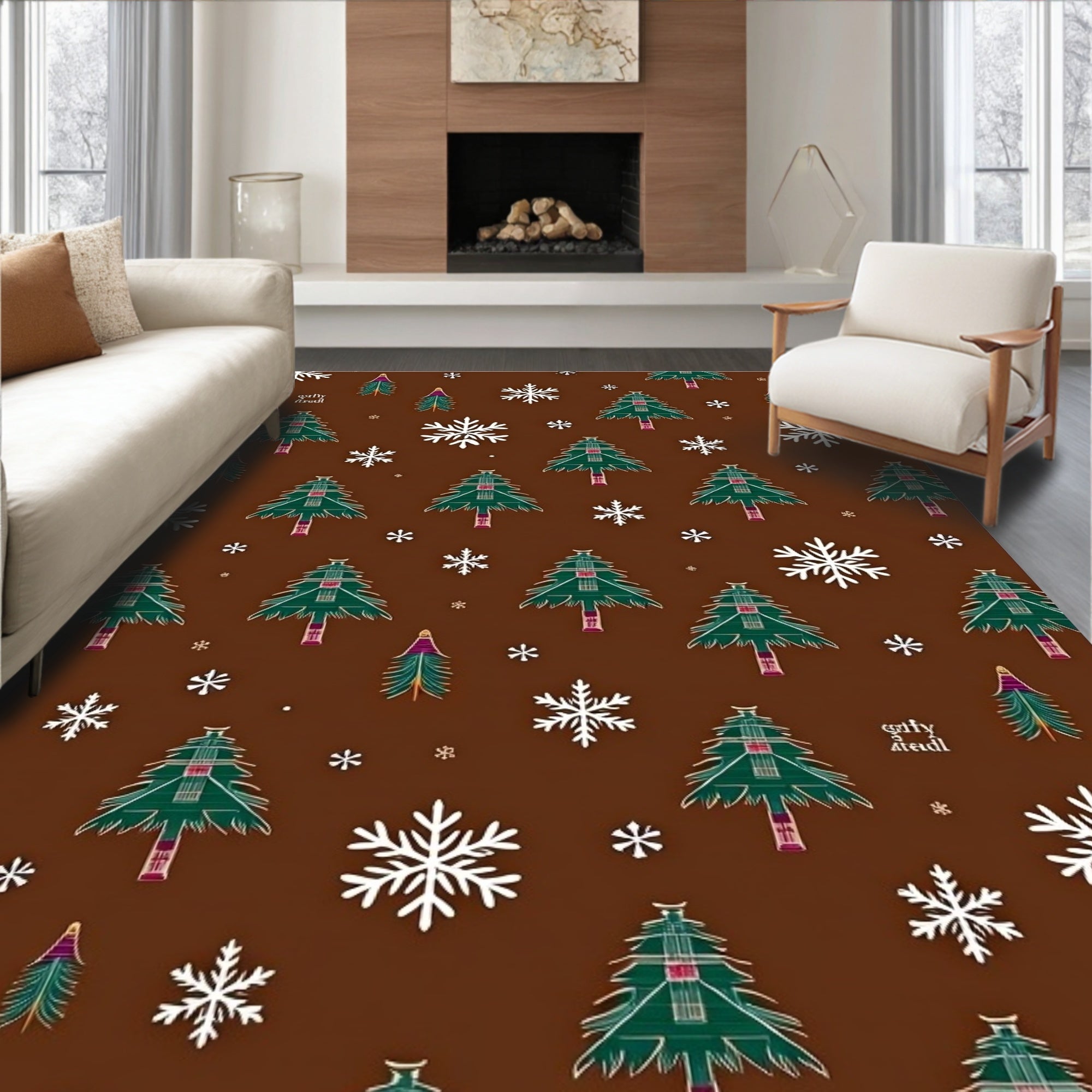 Green Forest Snowflake Christmas Elements Rug