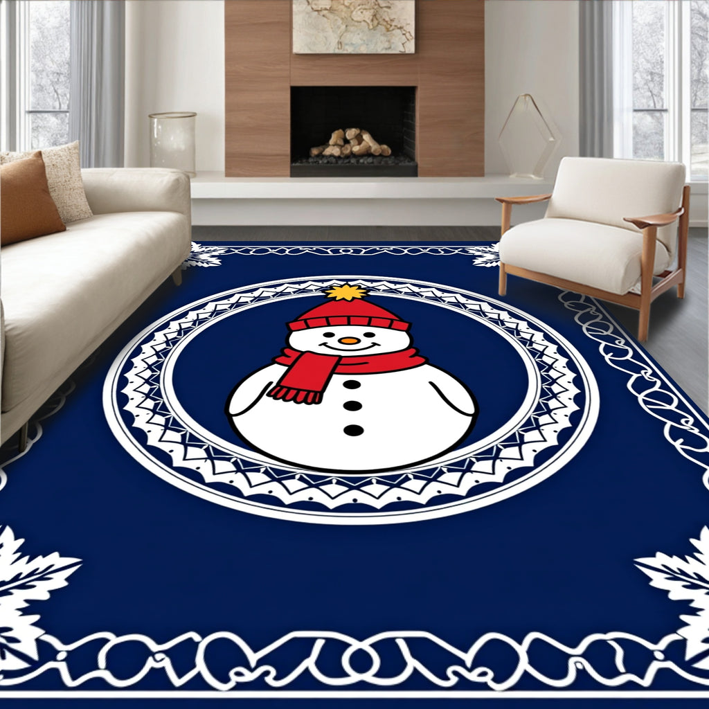 Festive Blue Snowman Snowflake Frame Rug