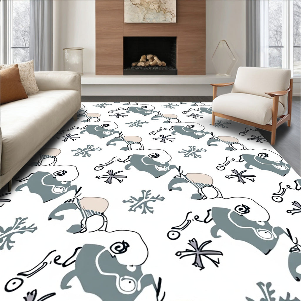 Whimsical Blue Elephant Folk Art Rug