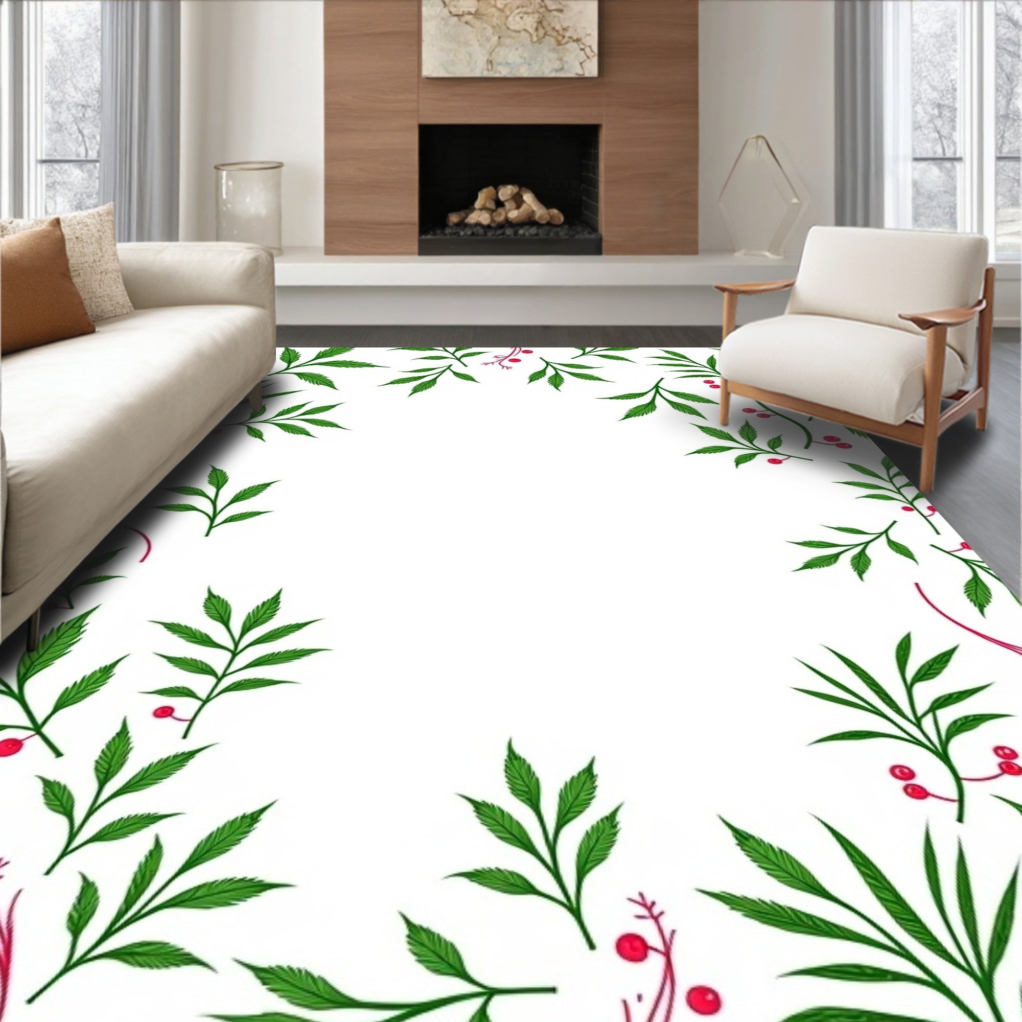 Green Leafy Berries Border Rug