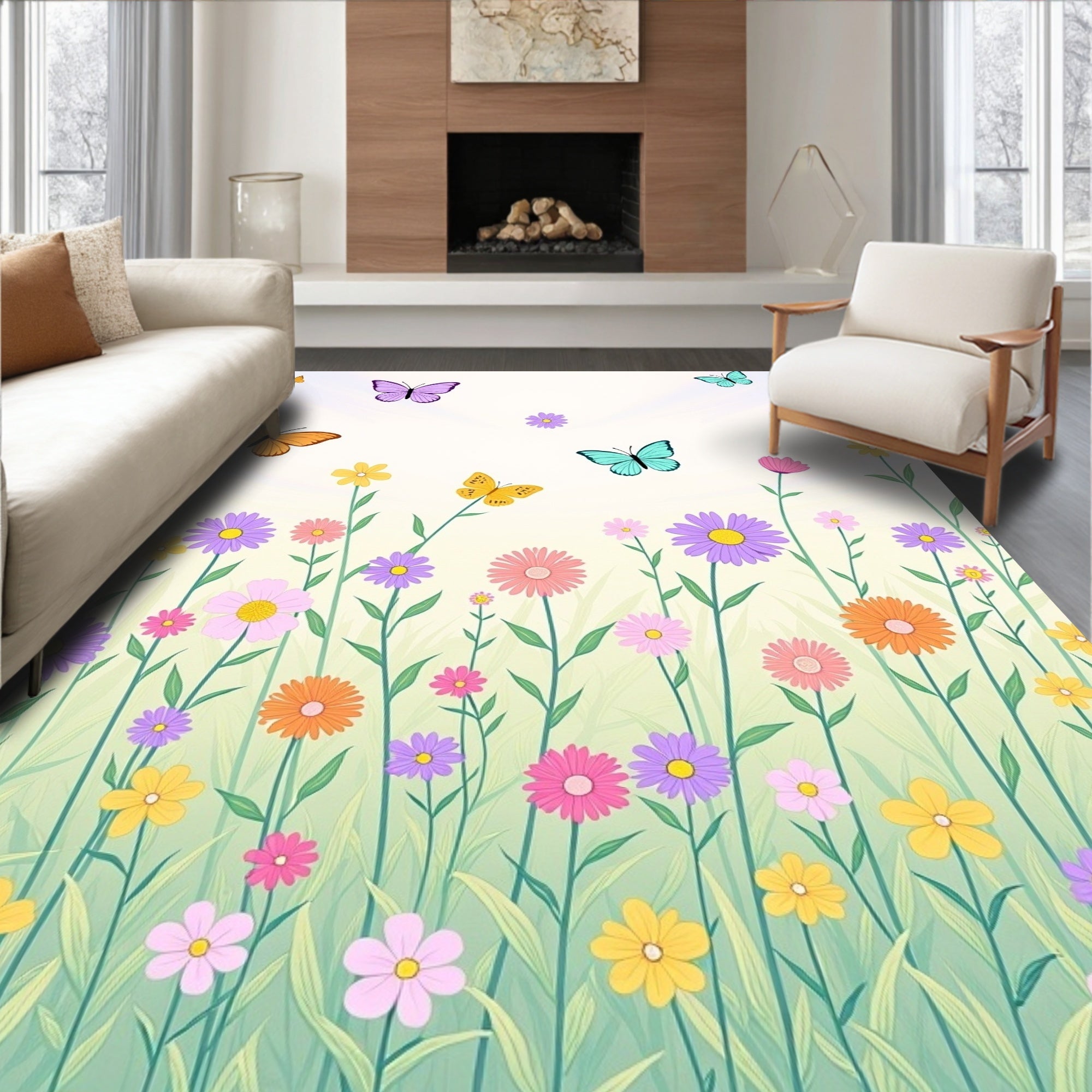 Whimsical Butterfly Garden Floral Meadow Rug
