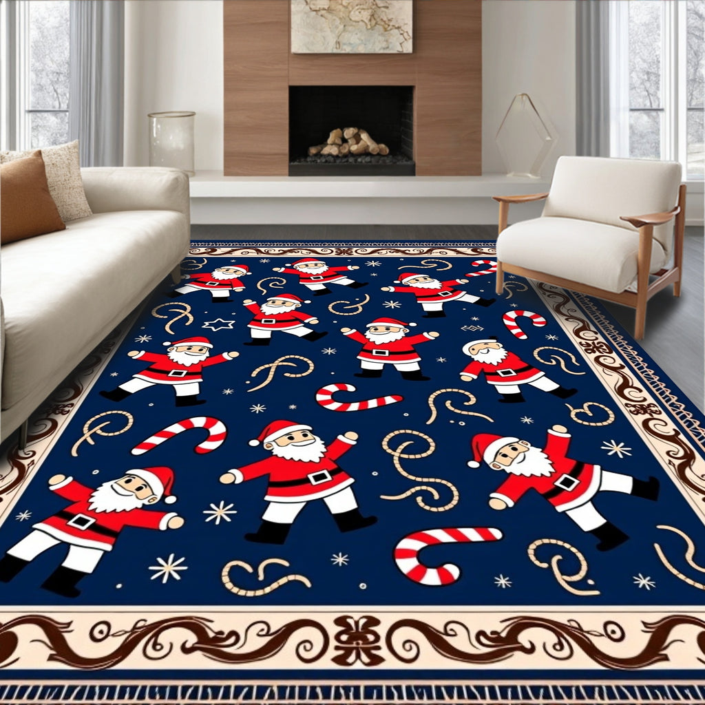 Festive Santa Claus Candy Cane Navy Rug