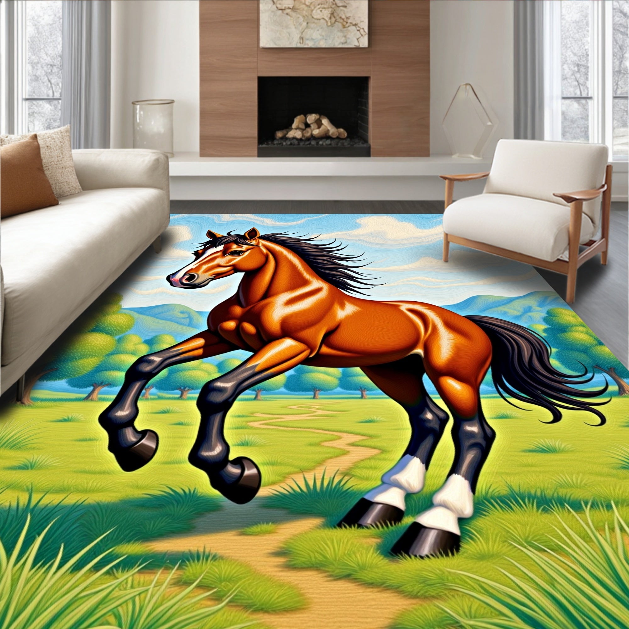 Majestic Bay Horse Countryside Meadow Rug