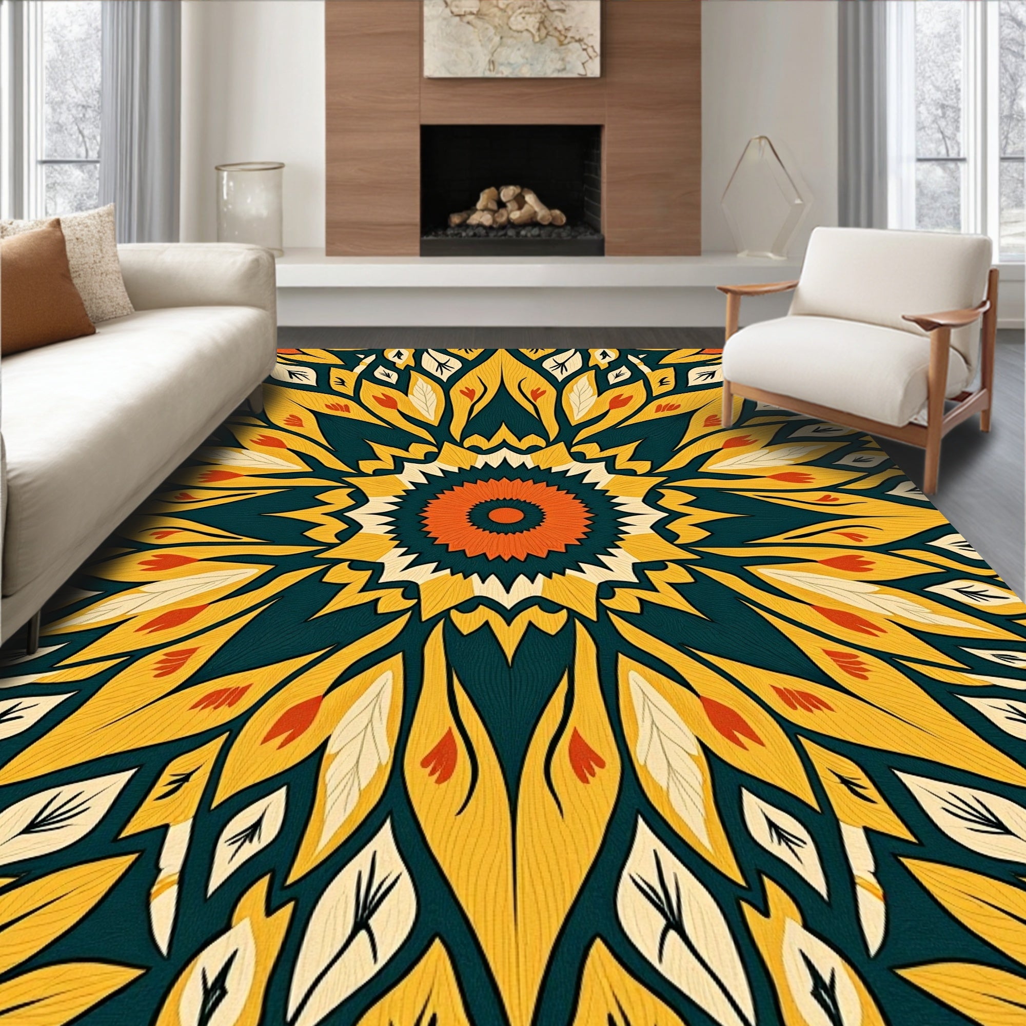Golden Yellow Orange Floral Mandala Rug