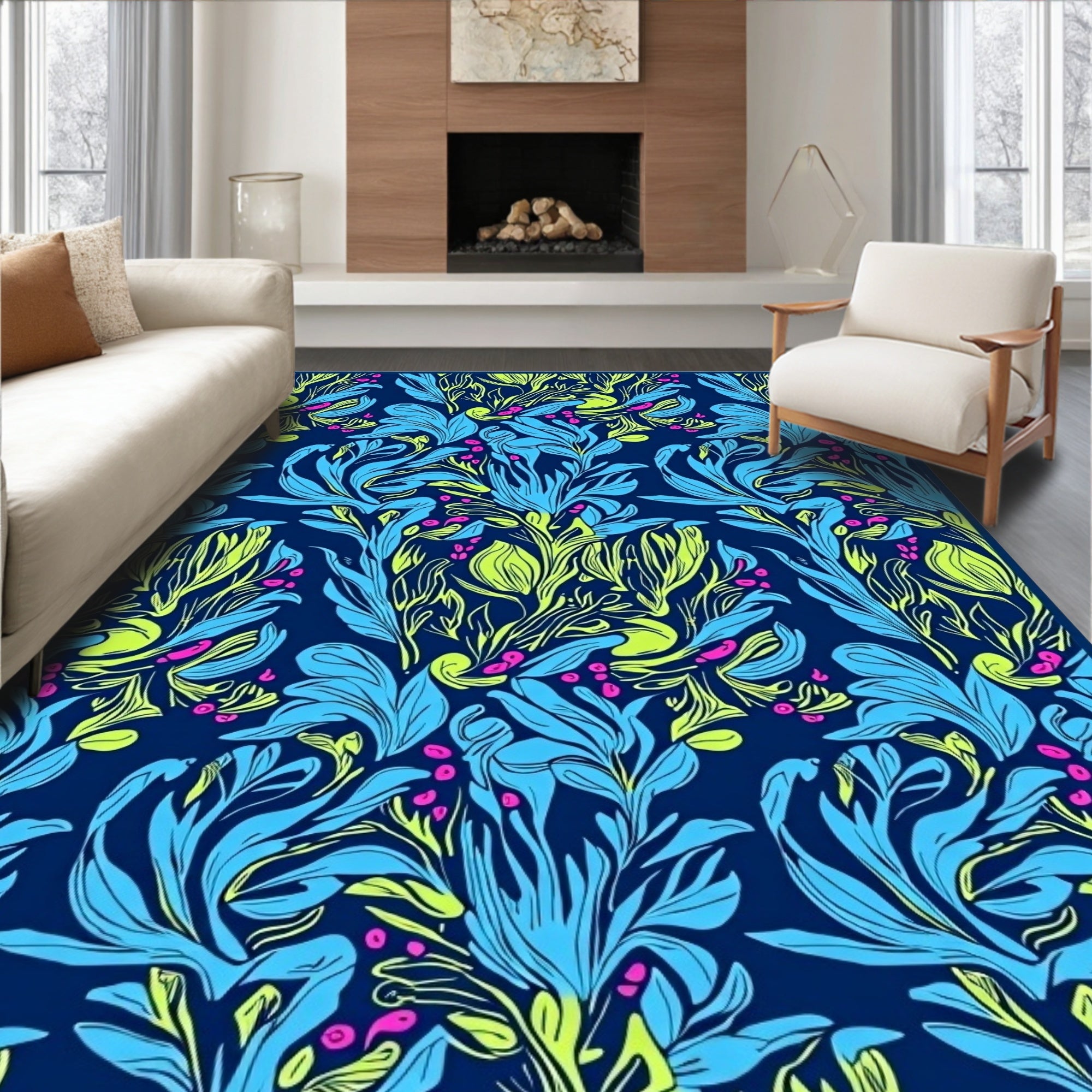 Vibrant Blue Green Floral Swirl Rug