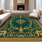 Golden Swirls on Deep Emerald Canvas Rug