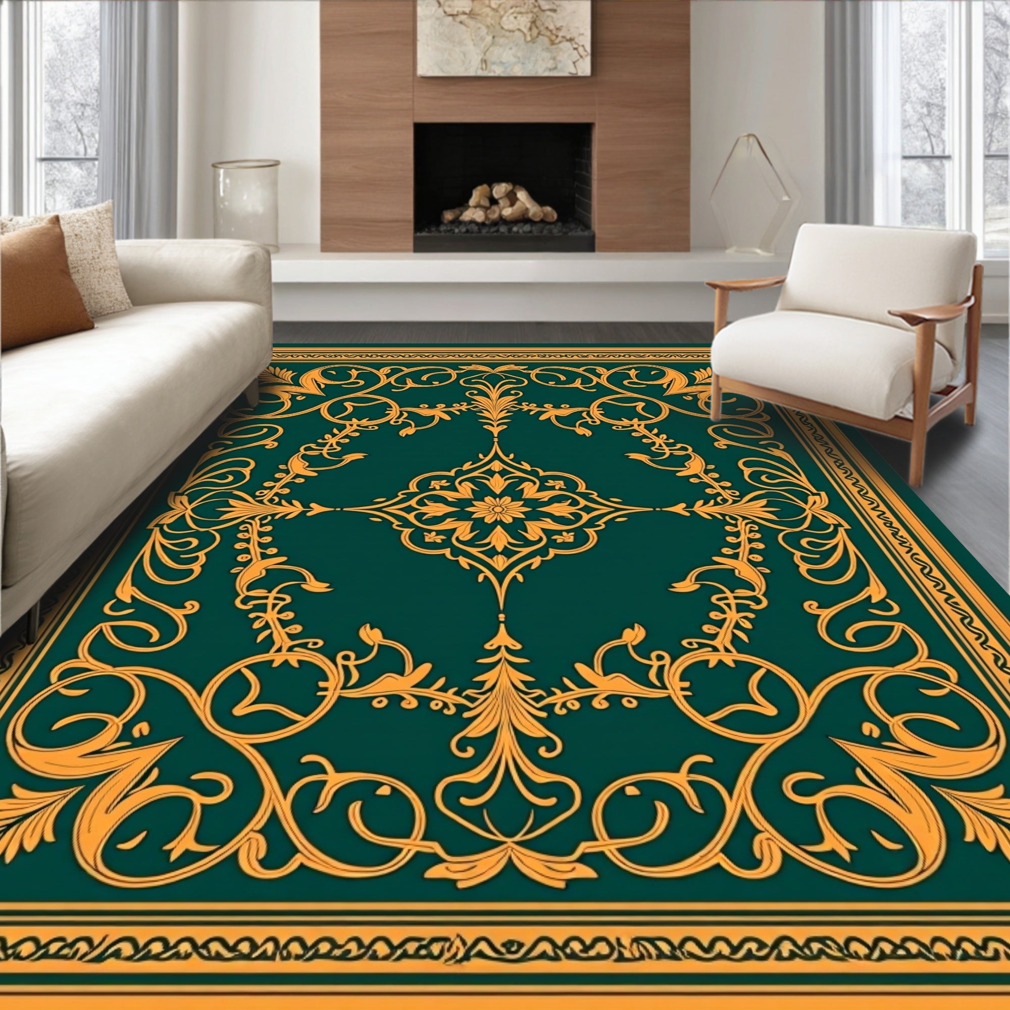 Golden Swirls on Deep Emerald Canvas Rug