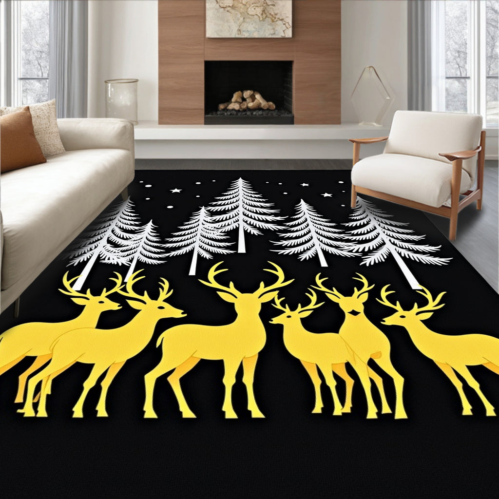Golden Deer Among Winter Trees Rug