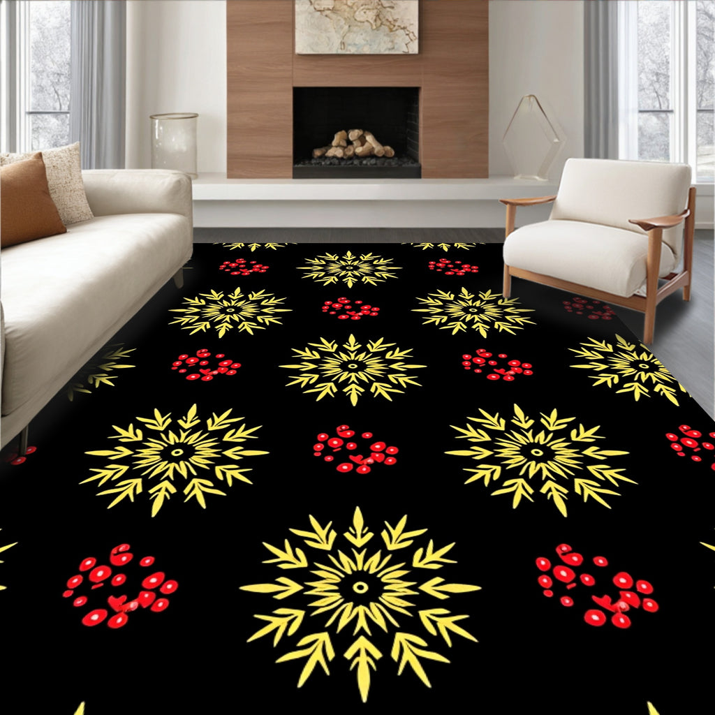 Golden Snowflake Red Berry Scatter Rug