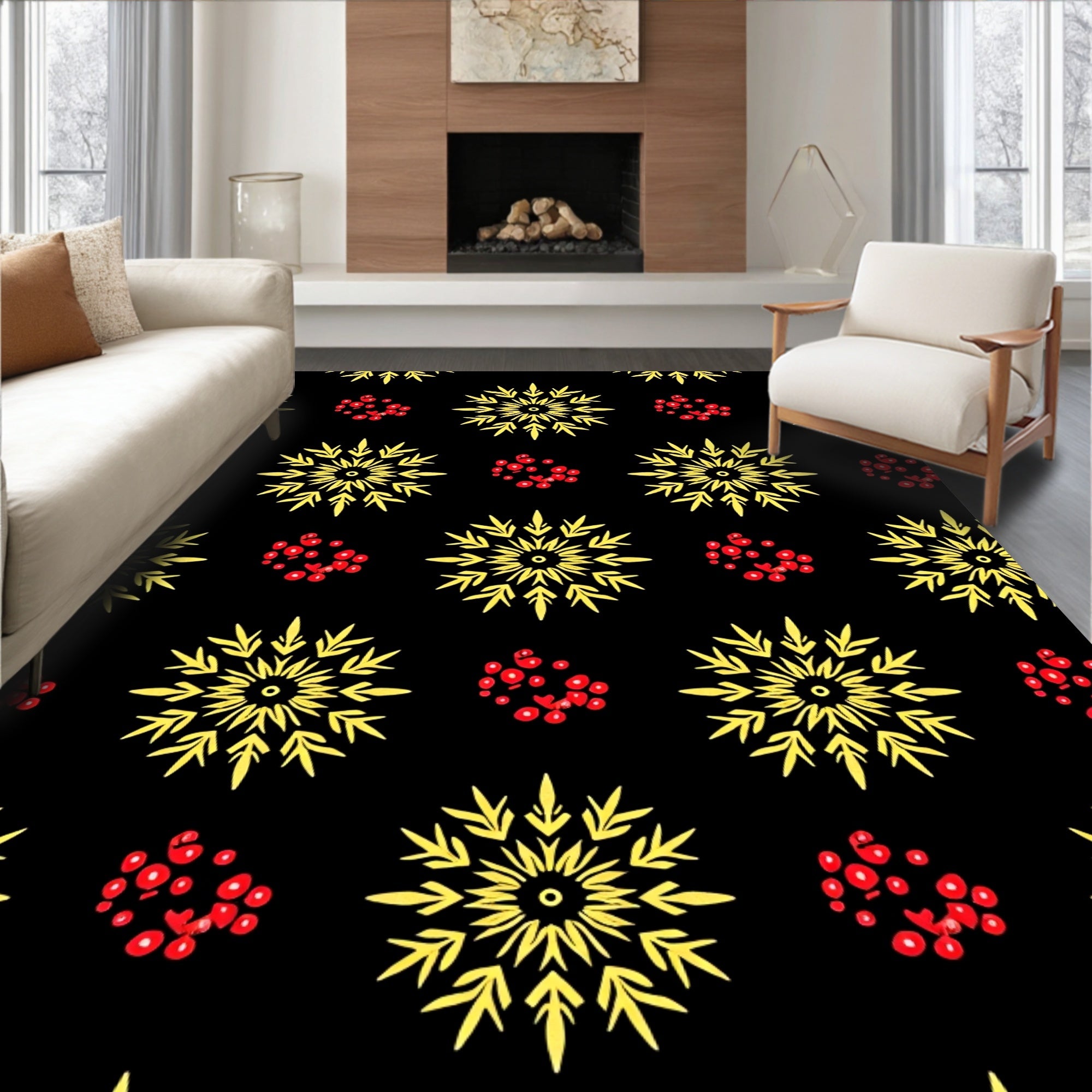 Golden Snowflake Red Berry Scatter Rug