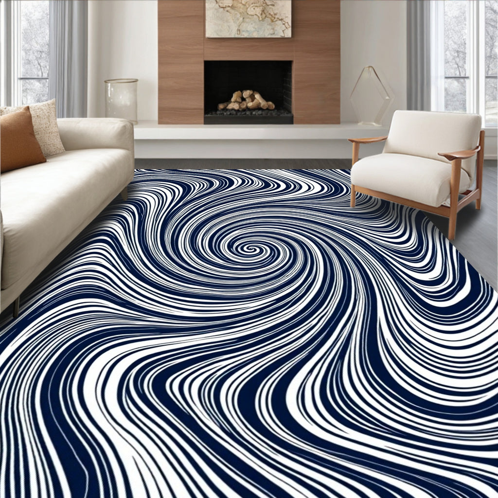 Navy Blue Swirl Line Abstract Rug