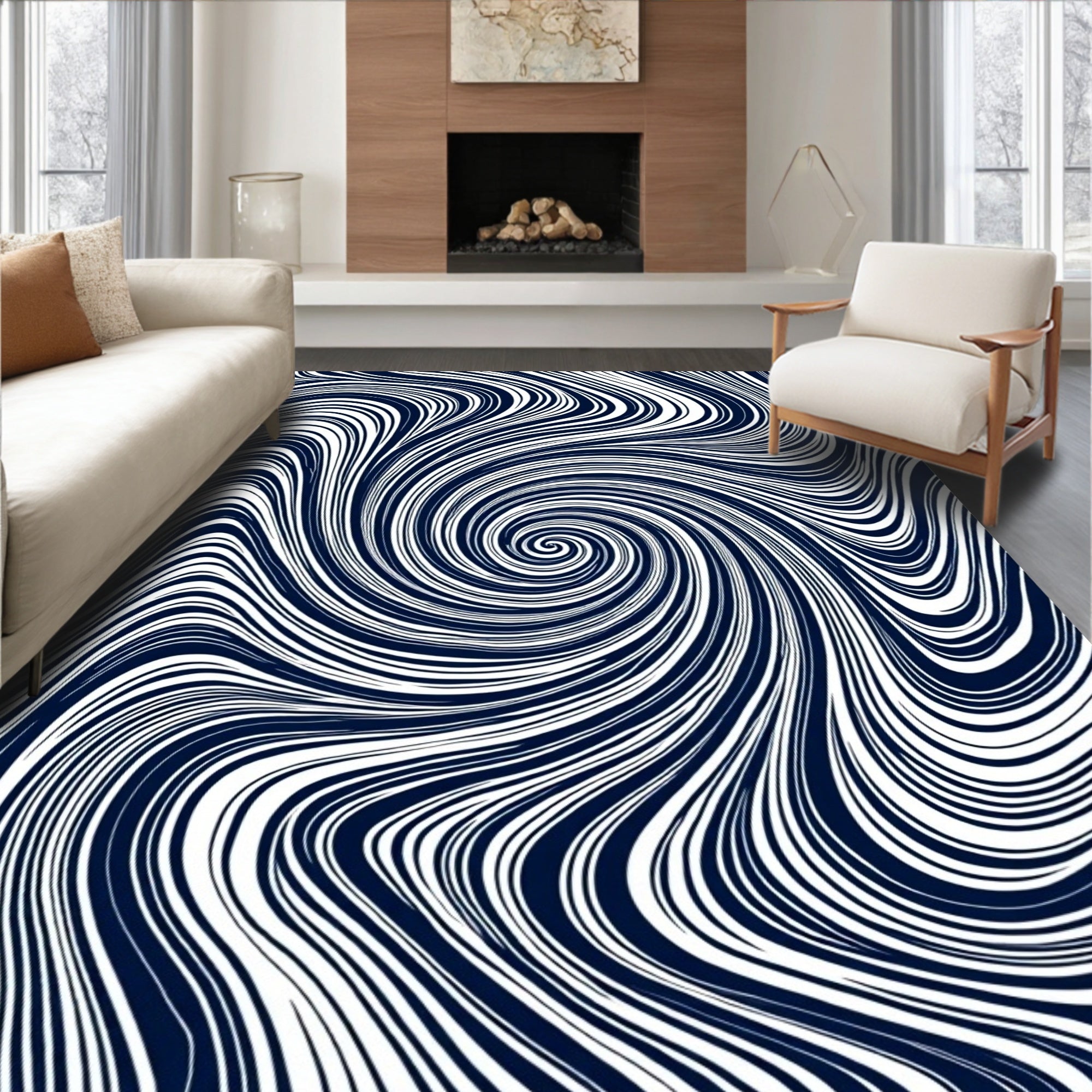 Navy Blue Swirl Line Abstract Rug