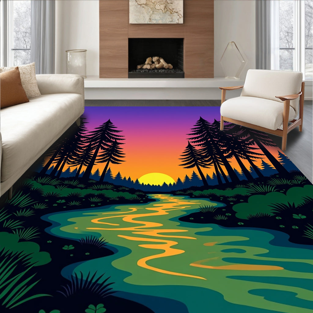 Forest Stream Under Sunset Gradient Sky Rug
