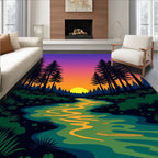 Forest Stream Under Sunset Gradient Sky Rug