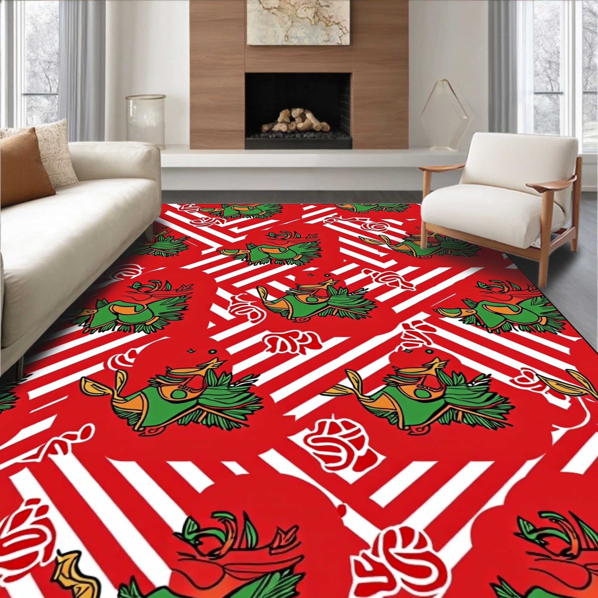 Red Green Whimsical Bird Stripe Rug