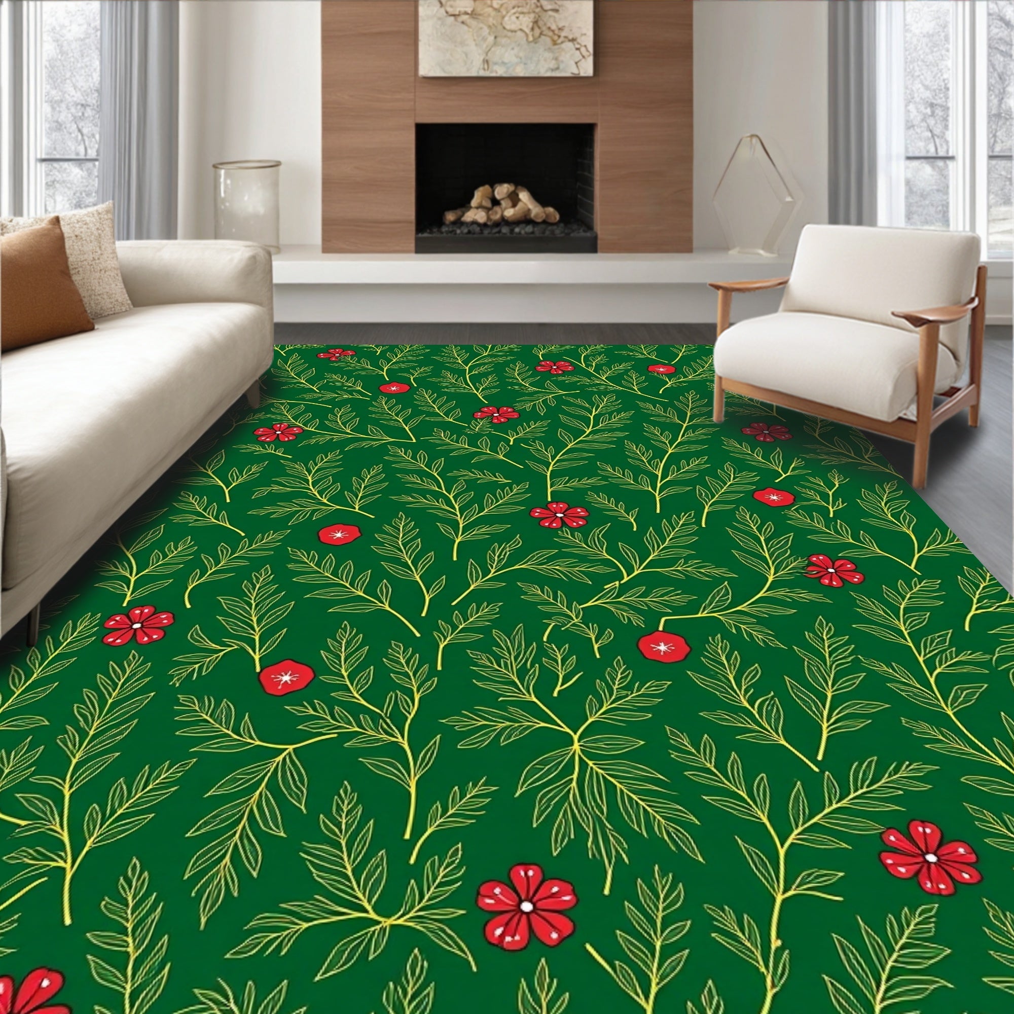 Emerald Green Red Floral Branch Rug