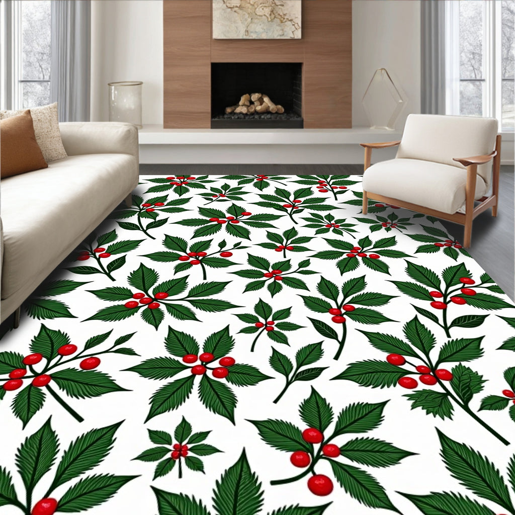 Festive Green Holly Berry Foliage Rug