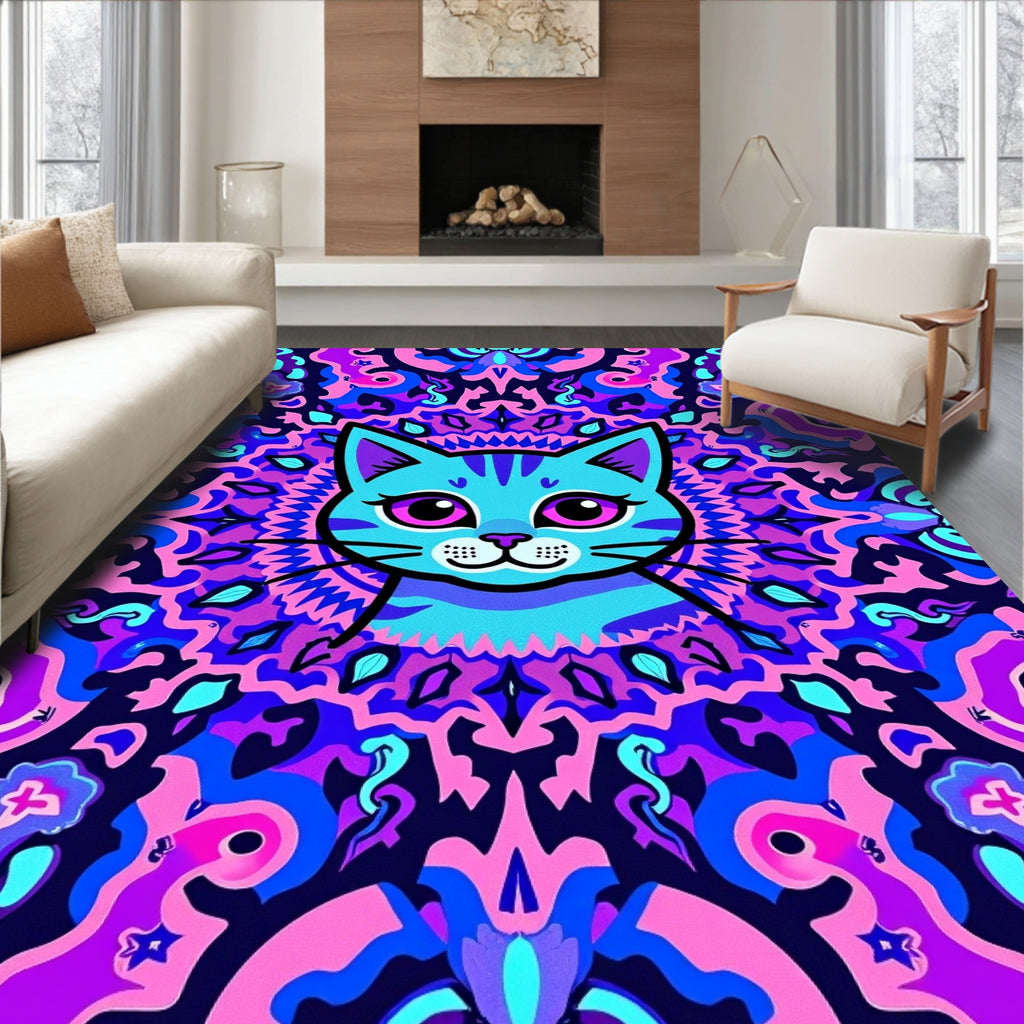 Psychedelic Blue Cat Mandala Vibrant Rug