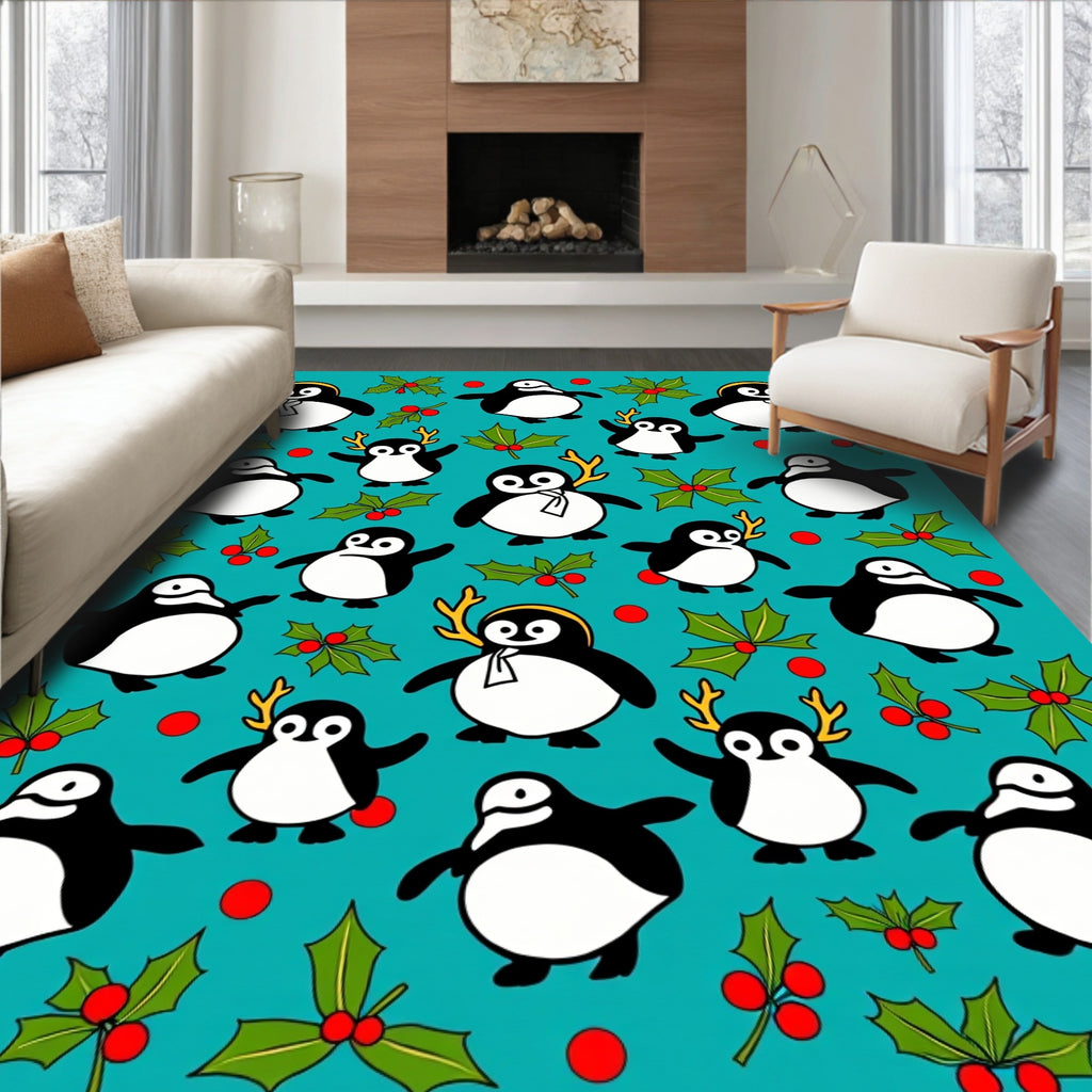 Cute Penguin Holly Berry Whimsical Rug