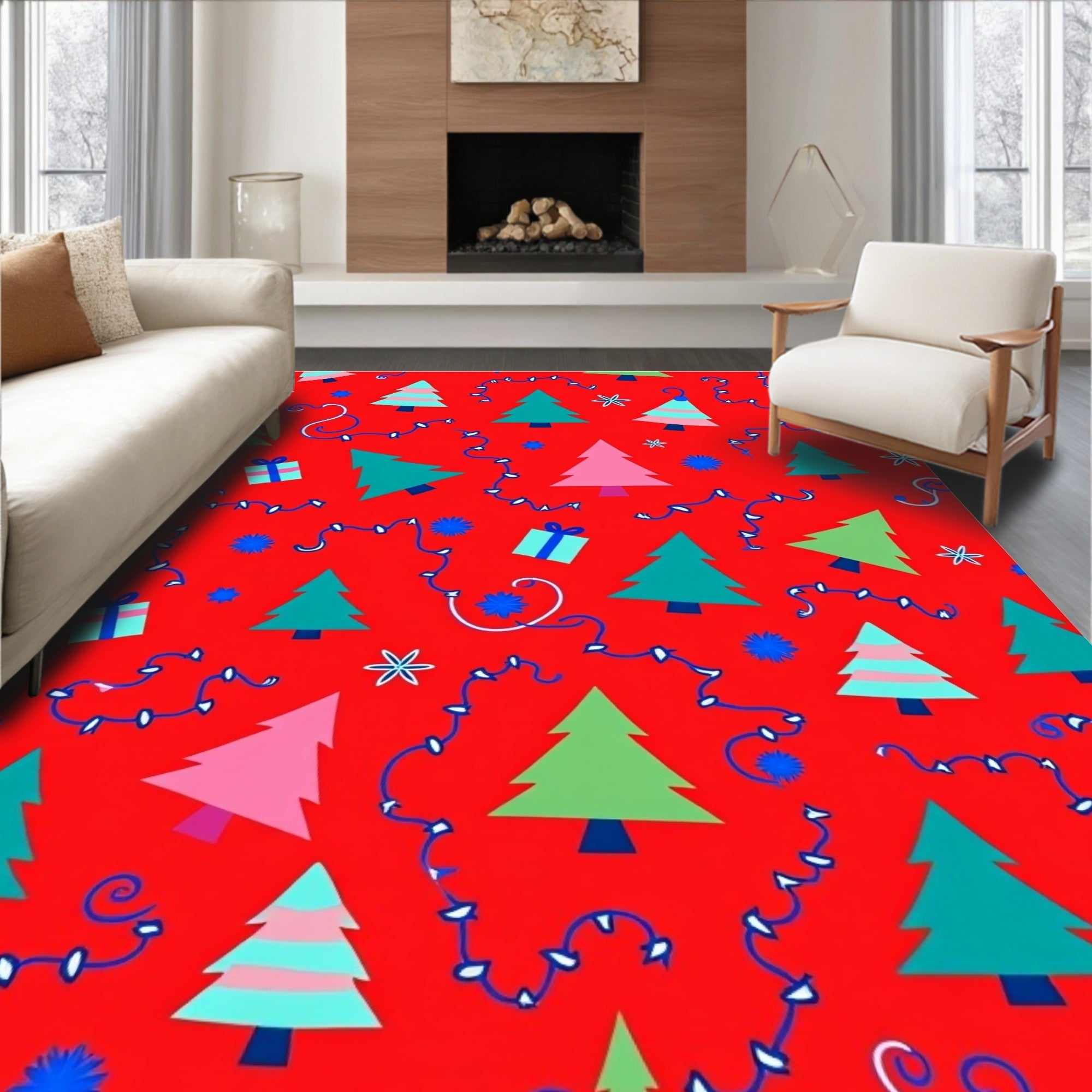 Cheery Red Christmas Tree Garland Rug