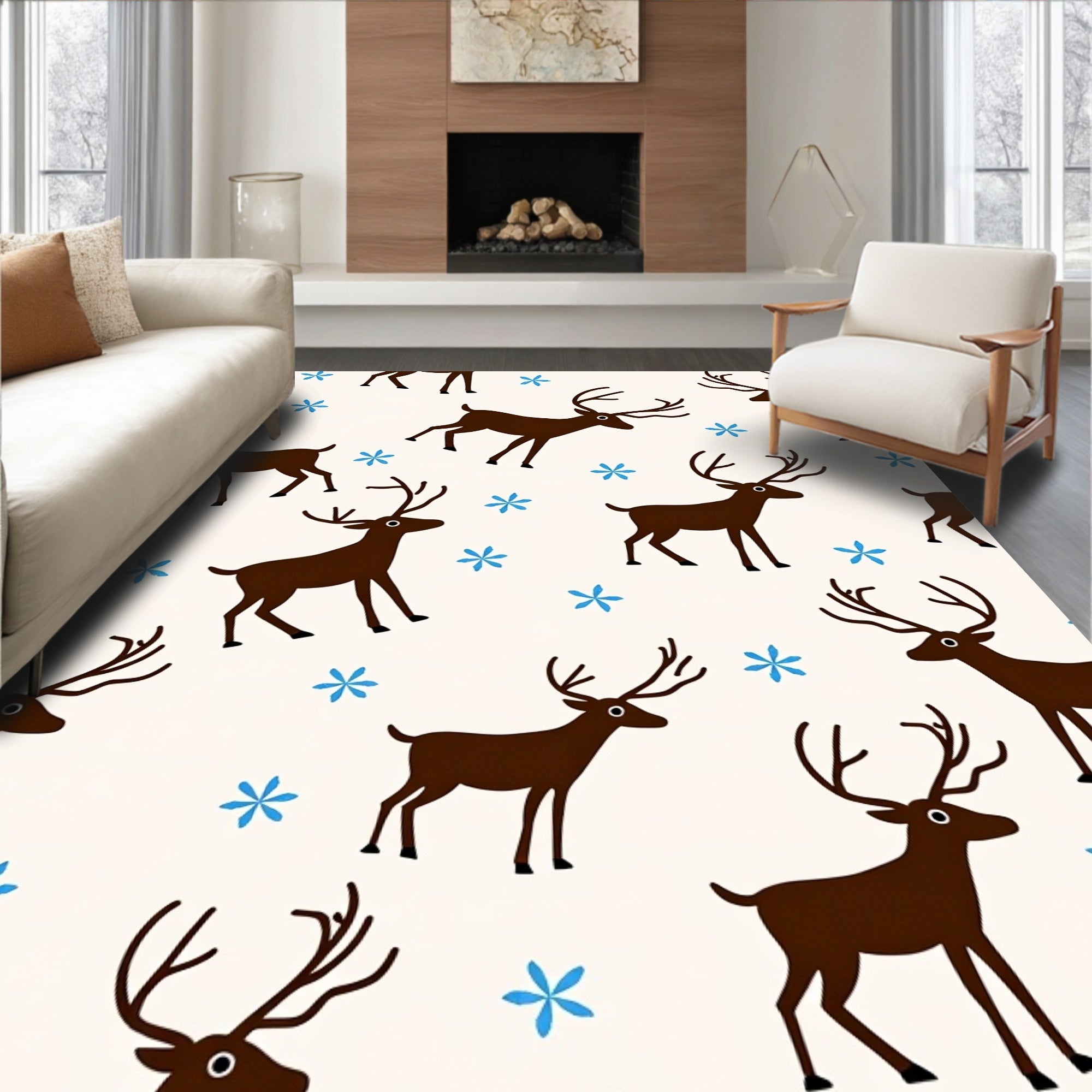 Brown Deer With Blue Snowflakes Rug