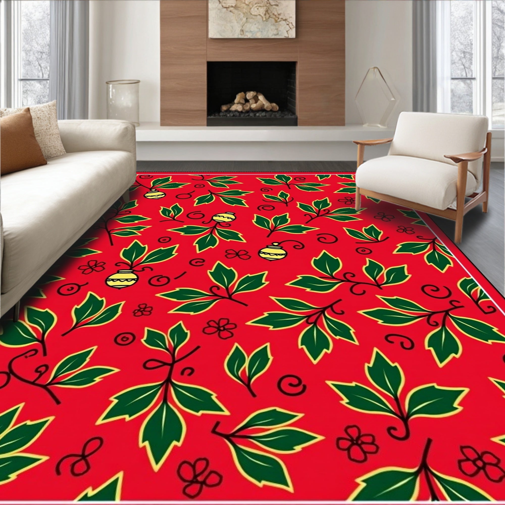 Red Vines Yellow Orbs Flowers Rug