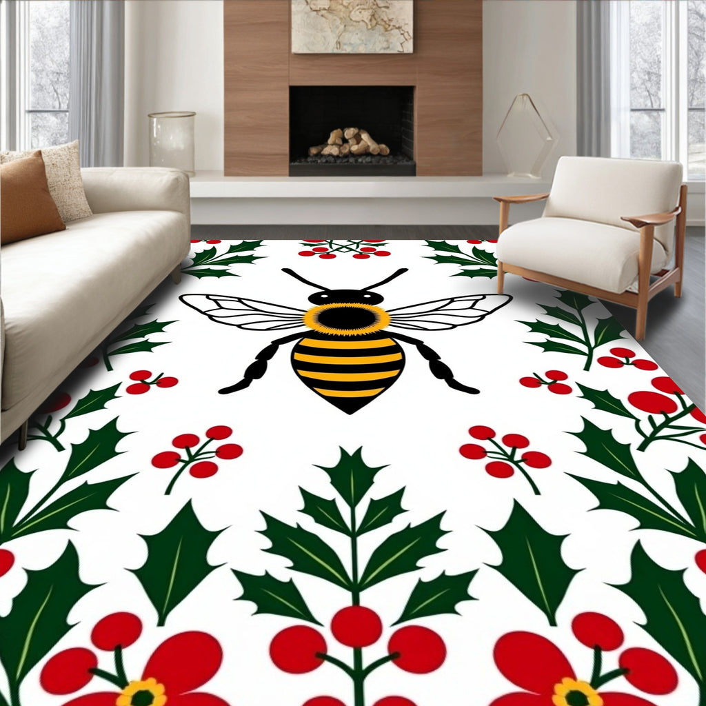 Whimsical Bee Holly Berry Floral Rug
