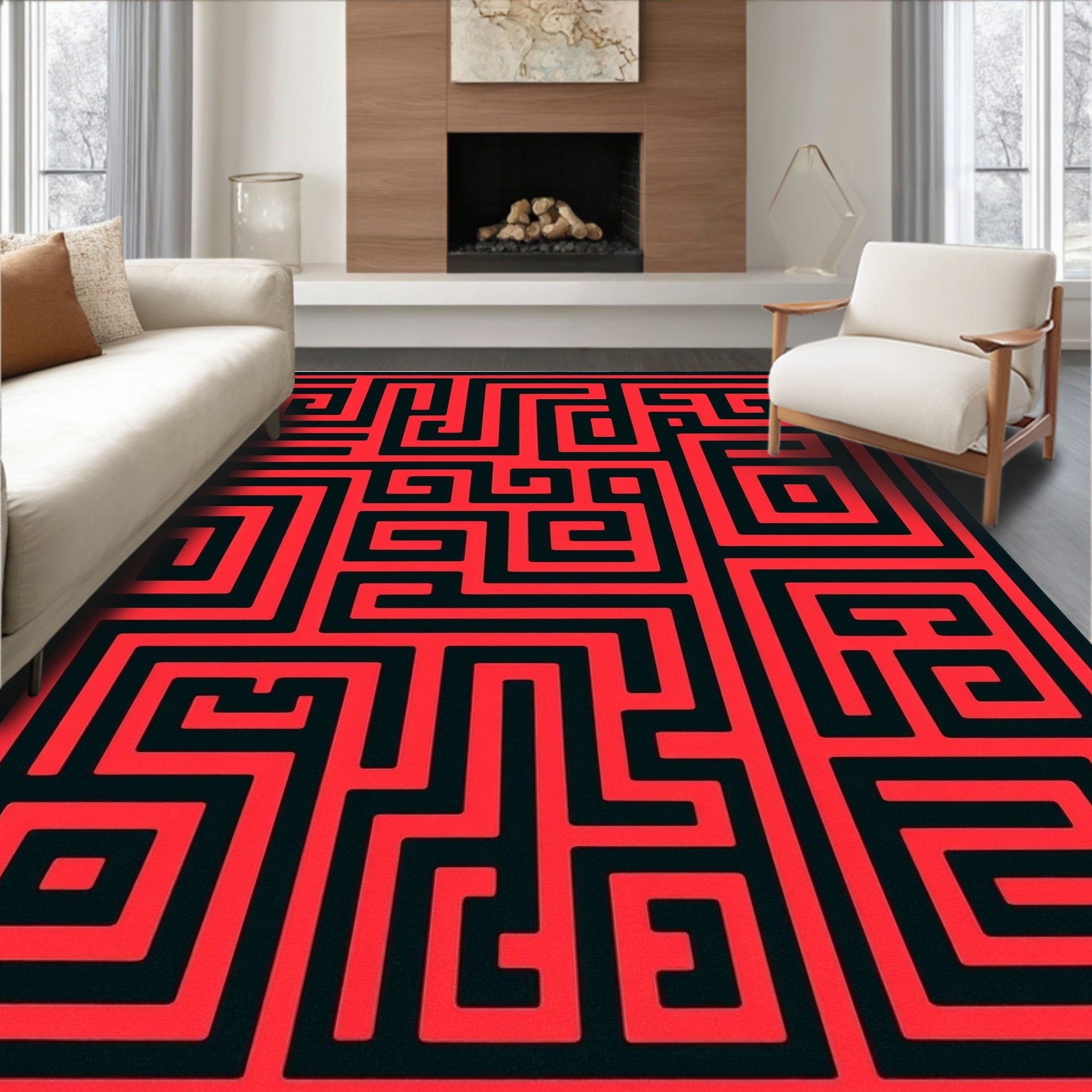 Bold Red Maze Rectangular Rug