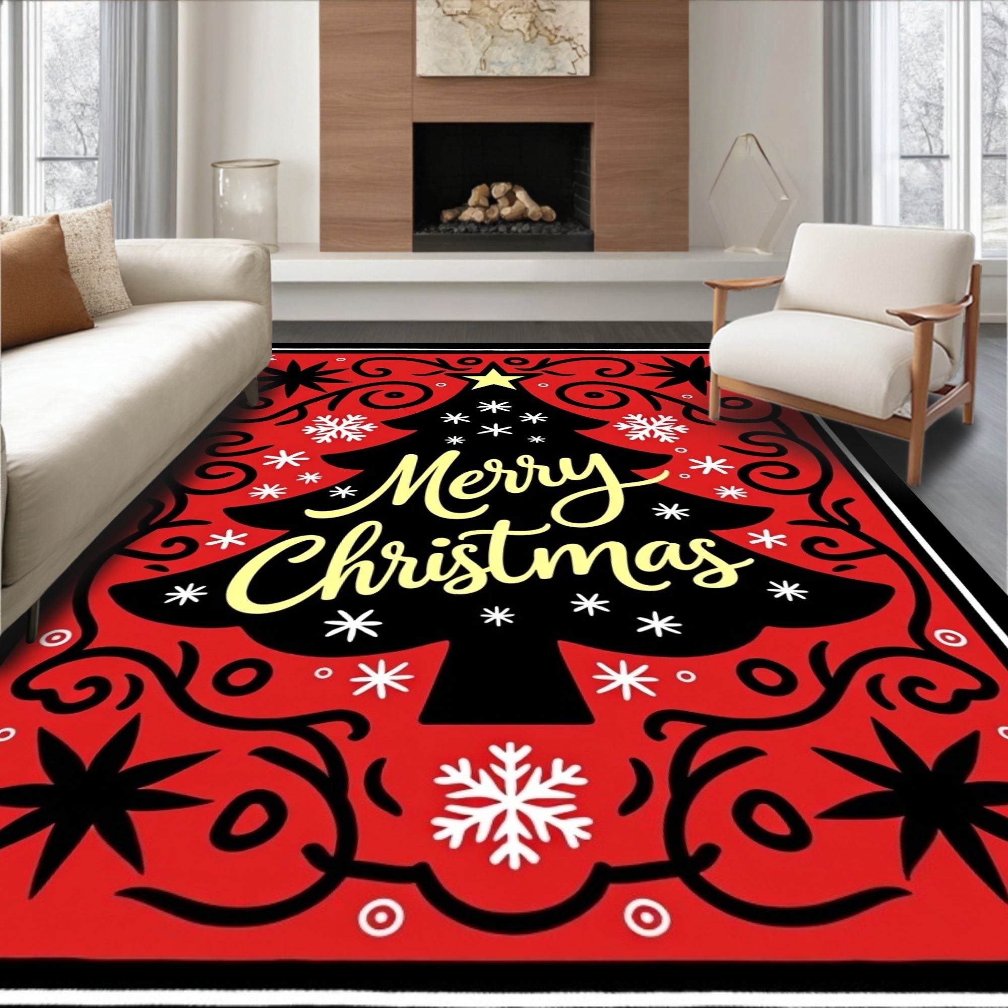Crimson Christmas Tree Snowflakes Medallion Rug