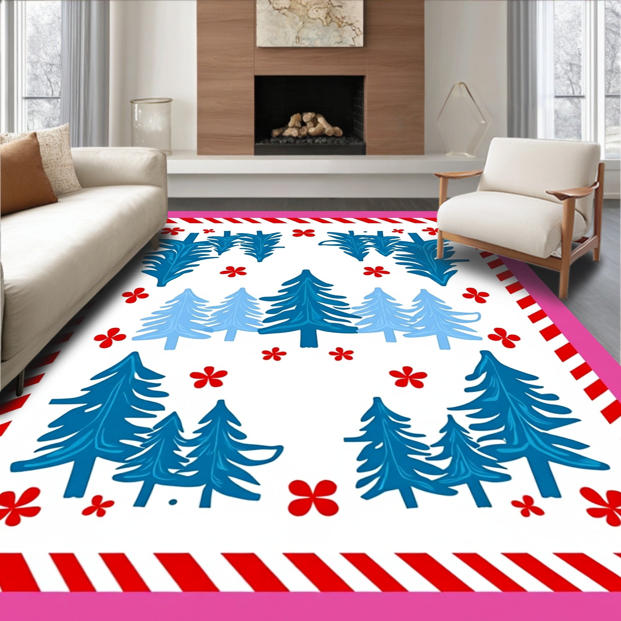 Blue Evergreen Forest with Red Accents Rug