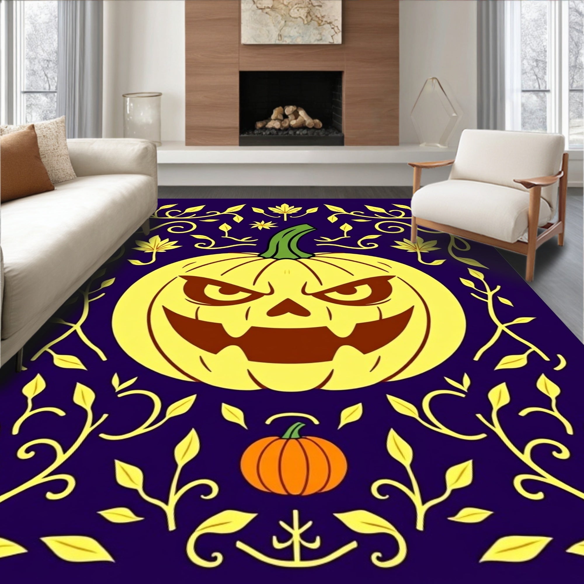Spooky Yellow Jack O Lantern Floral Accents Rug