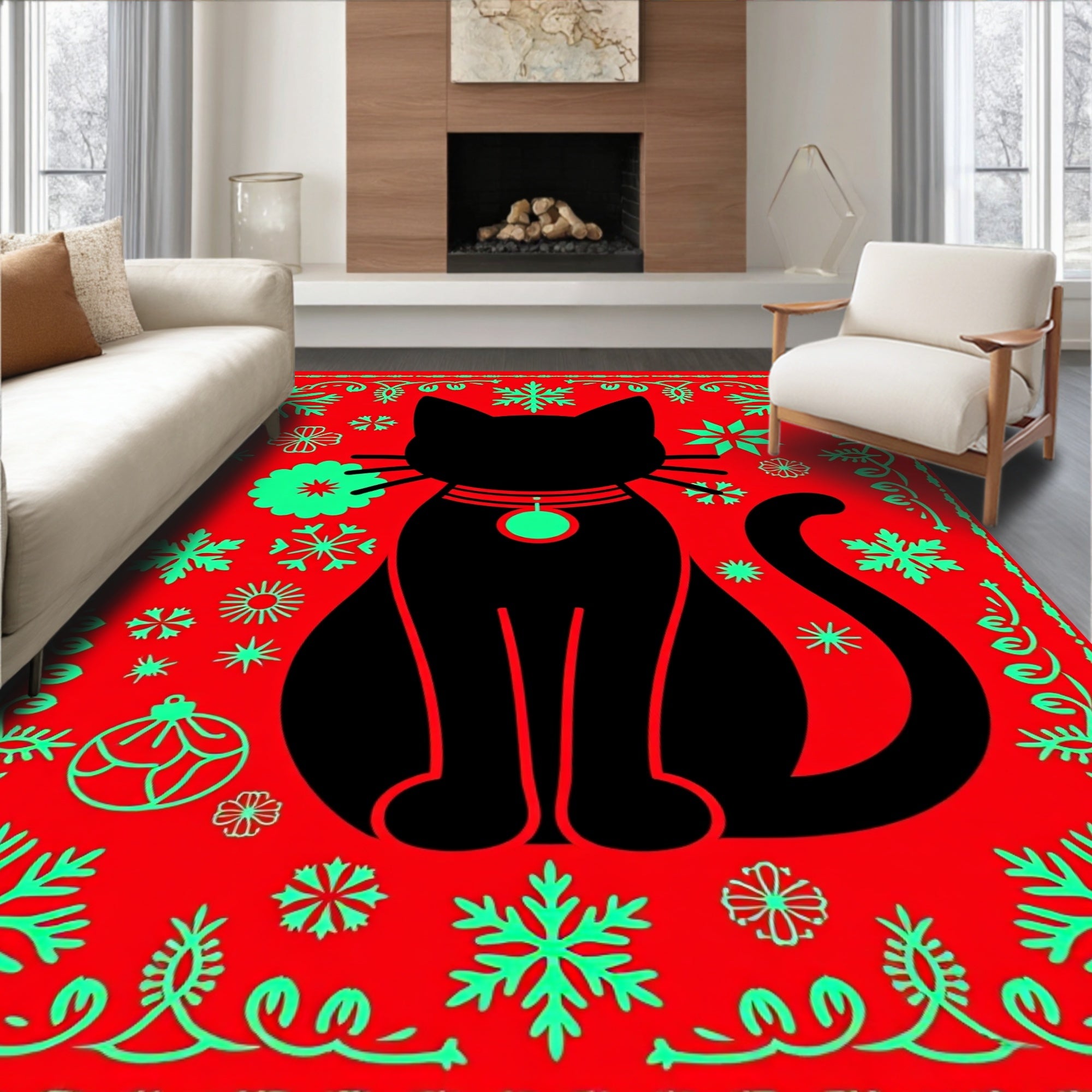 Black Cat Festive Snowflake Border Rug