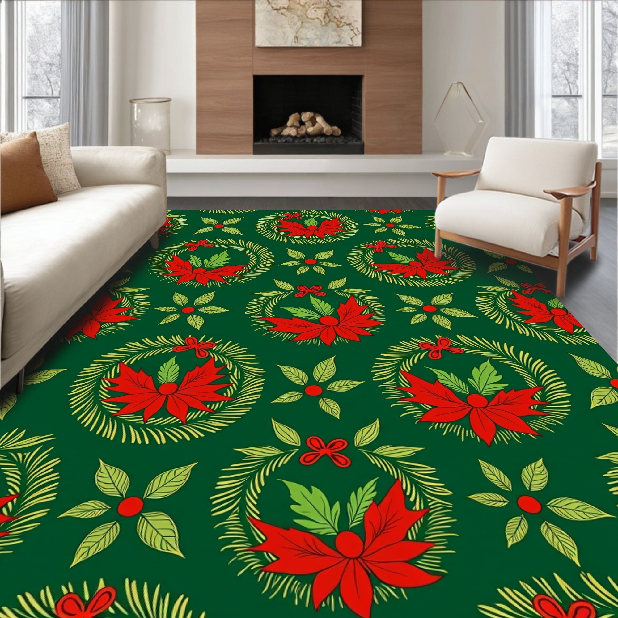 Red Poinsettia Wreath Green Surface Rug