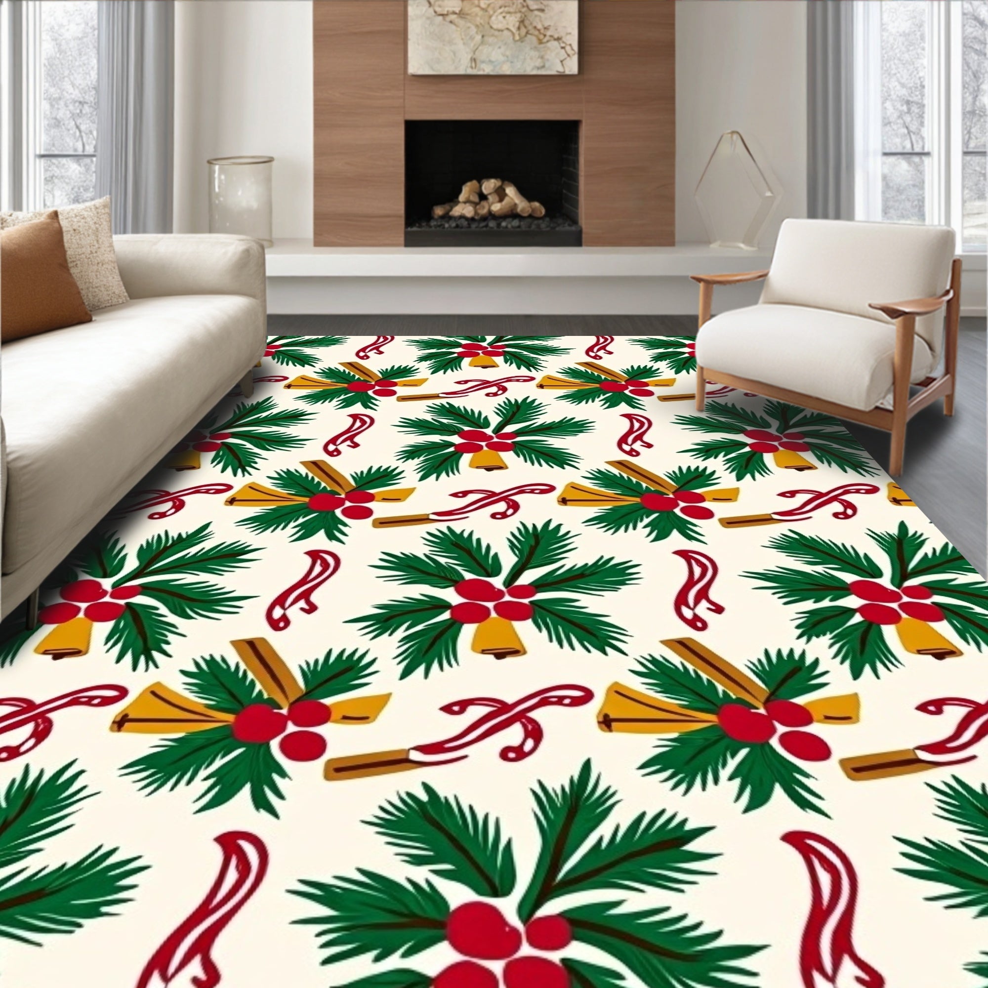 Festive Holly Berry Bells Cinnamon Ribbon Rug