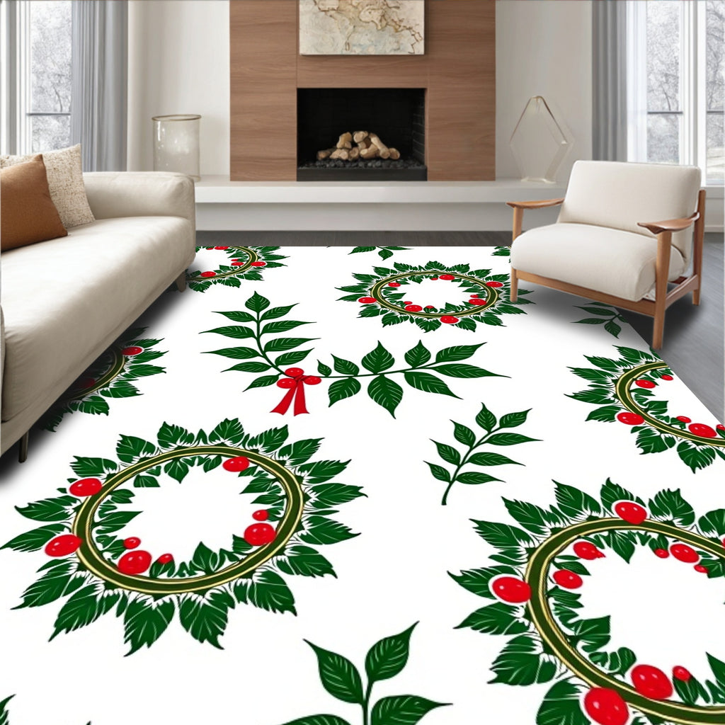 Green Leaf Red Berry Wreath Round Rug