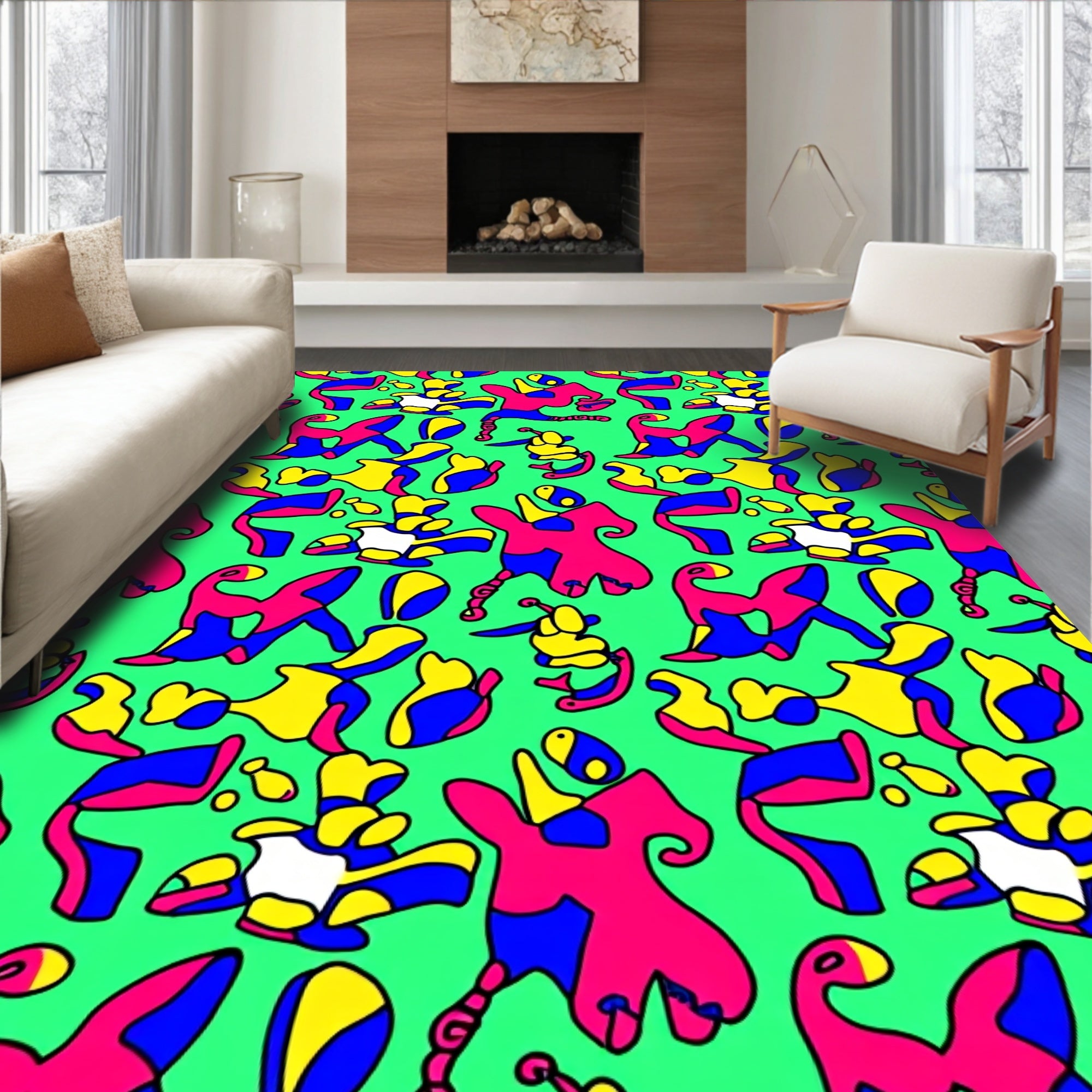 Vibrant Abstract Figures Pink Blue Yellow Rug