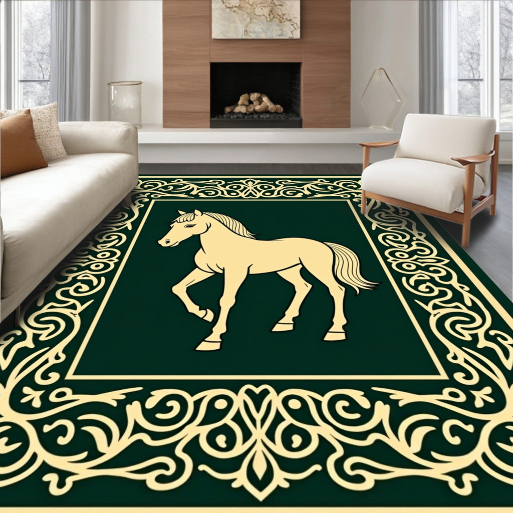 Elegant Cream Horse Ornate Border Rug