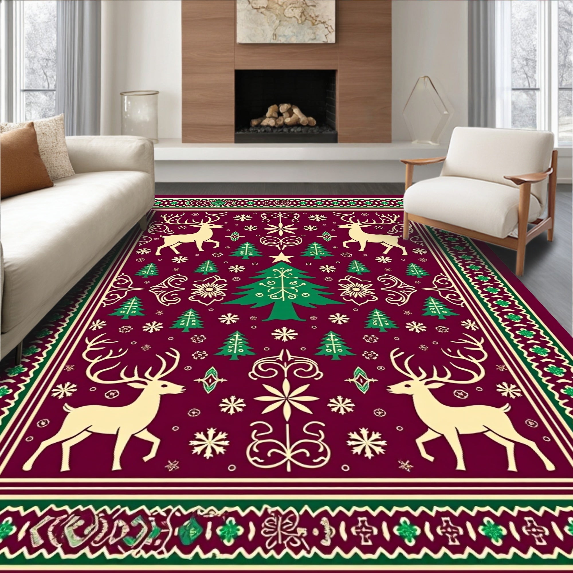 Cream Reindeer Festive Christmas Trees Rug